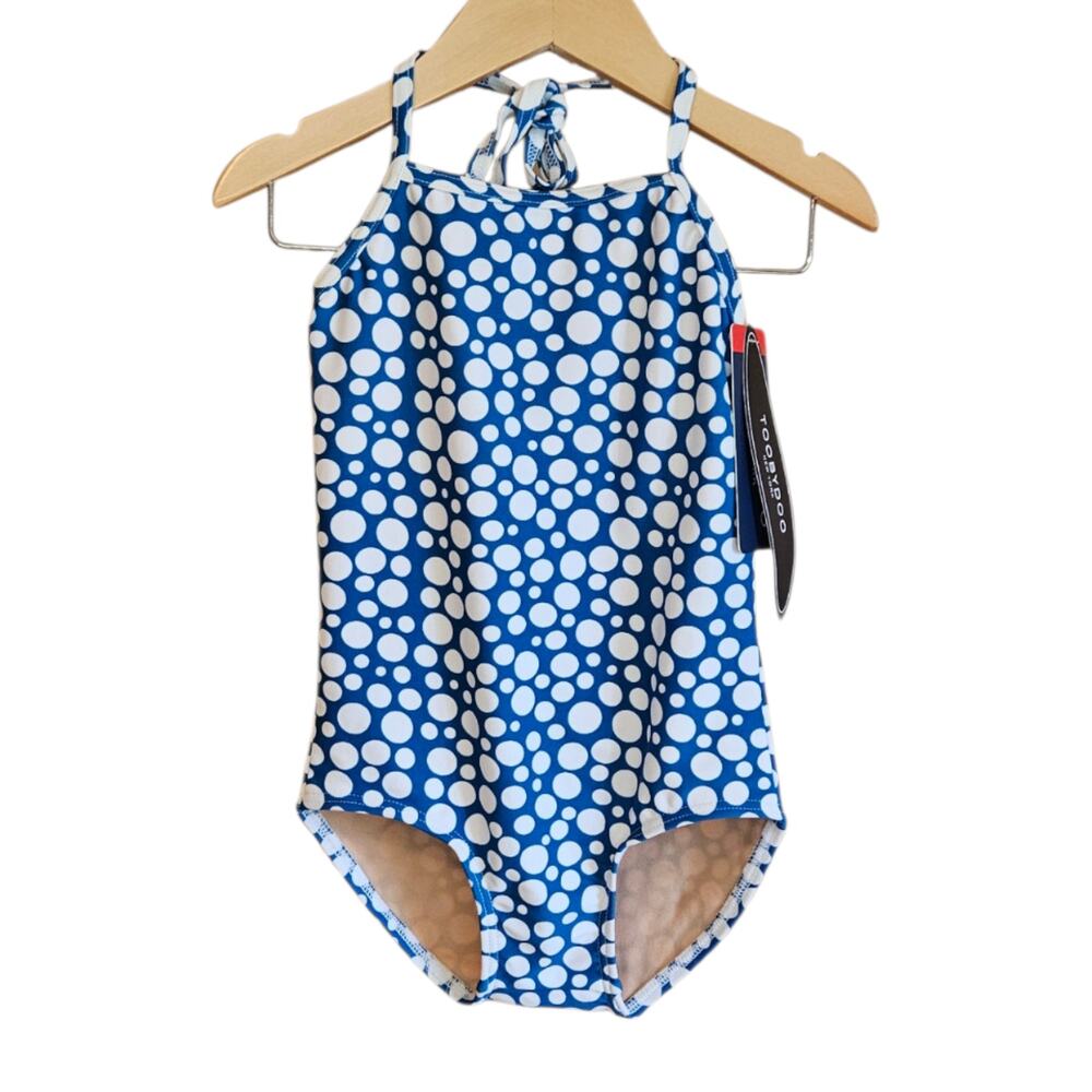 NEW! Toobydoo Swim Girls Size 3-4 Blue White Polka Dot Halter One Piece Swimsuit